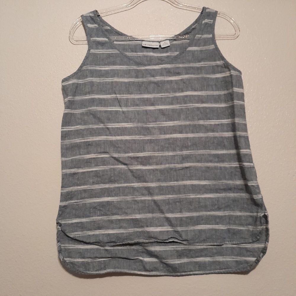 Liz Claiborne Tank Top Womens Medium Blue Striped Excellent Linen Cotton Blend